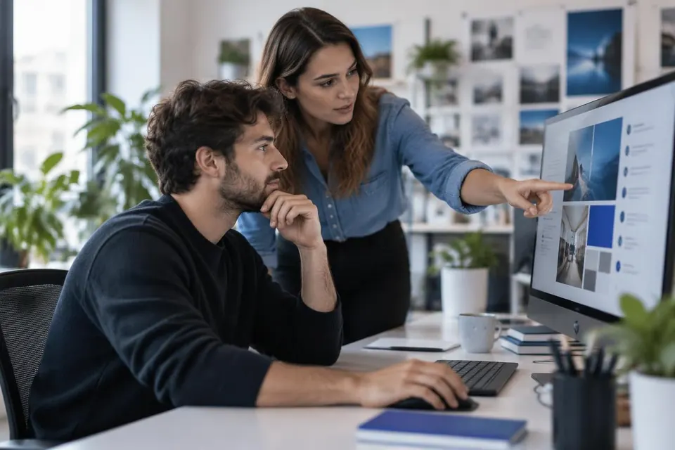 Creative agency professionals collaborating at a computer in a modern studio