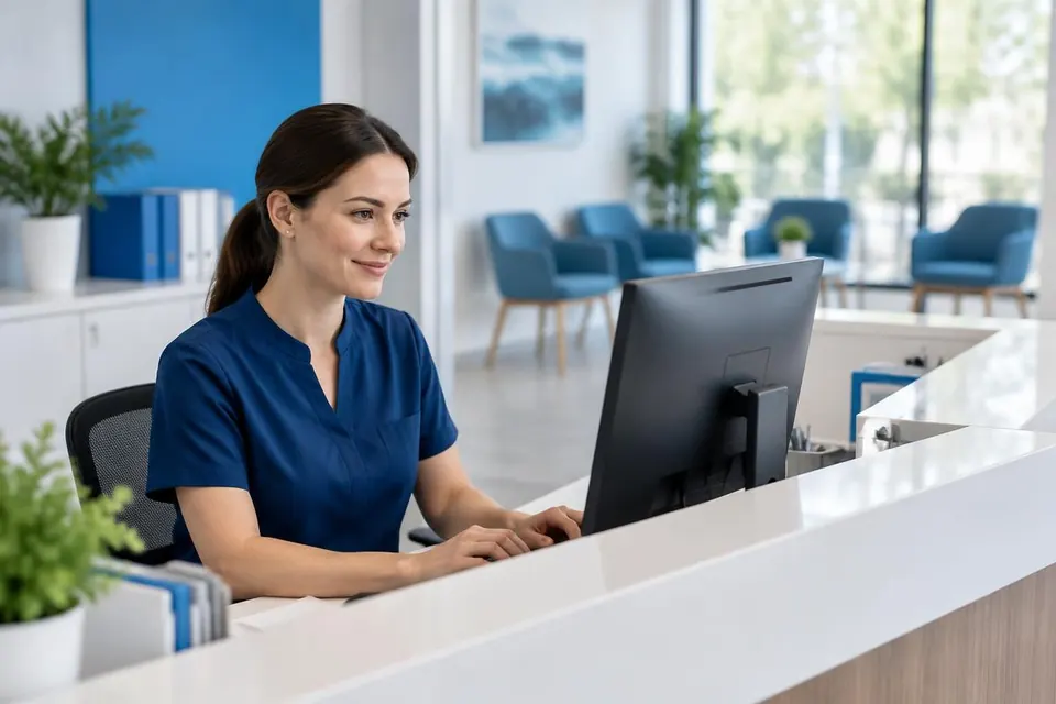 Clinic receptionist working at a computer in a modern reception area