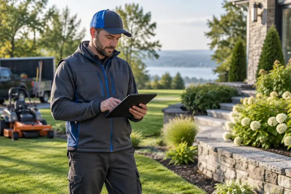 Landscaping professional reviewing the day's work in a residential garden