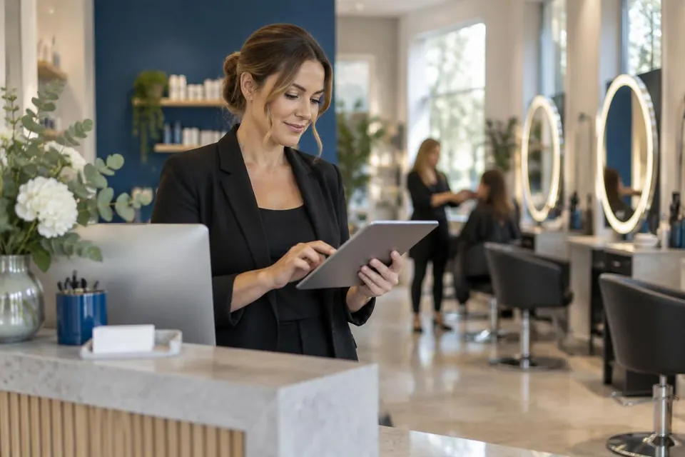 Salon manager reviewing bookings on a tablet at reception