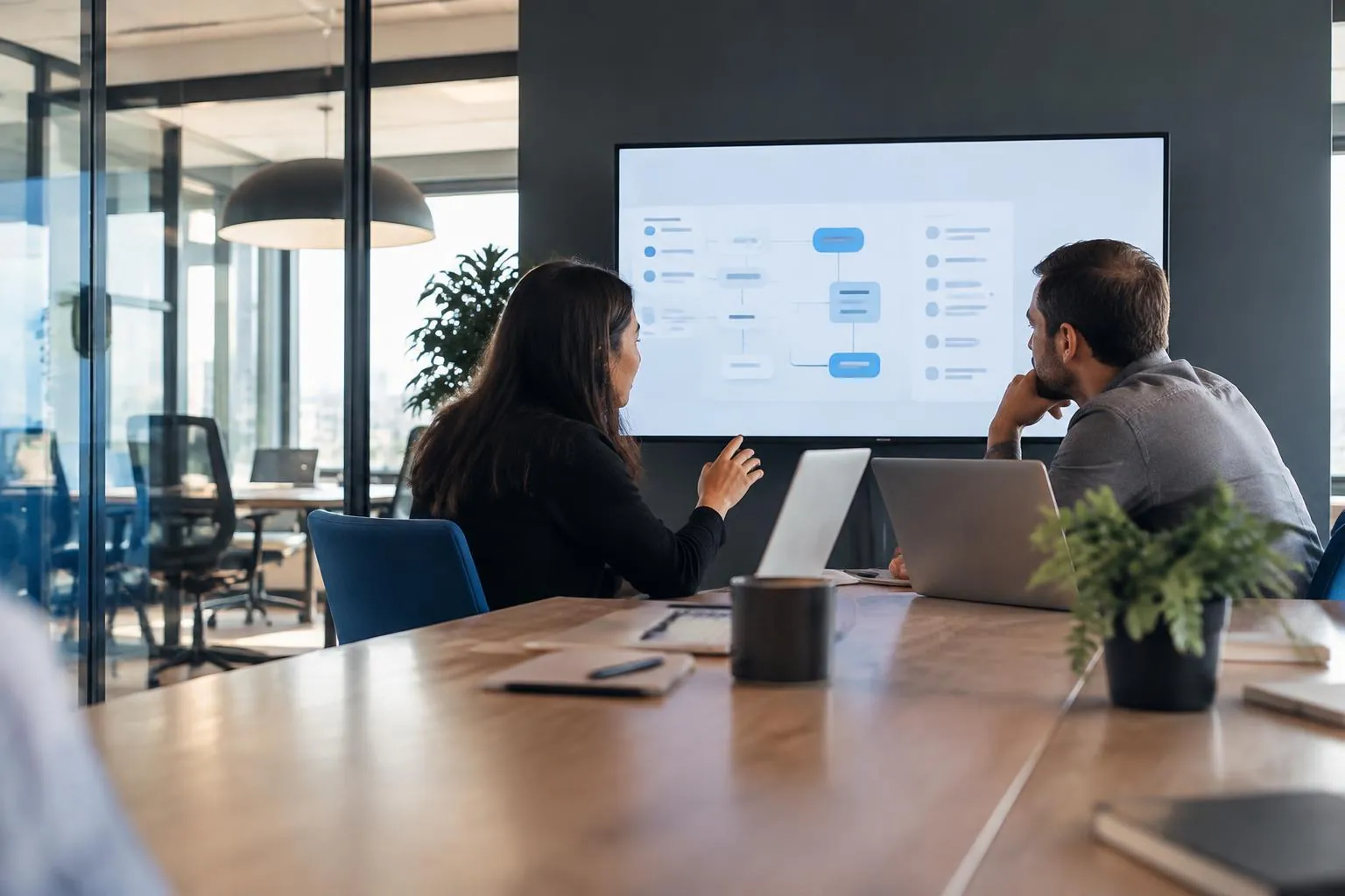 Professionals reviewing a technology workflow in a modern workspace