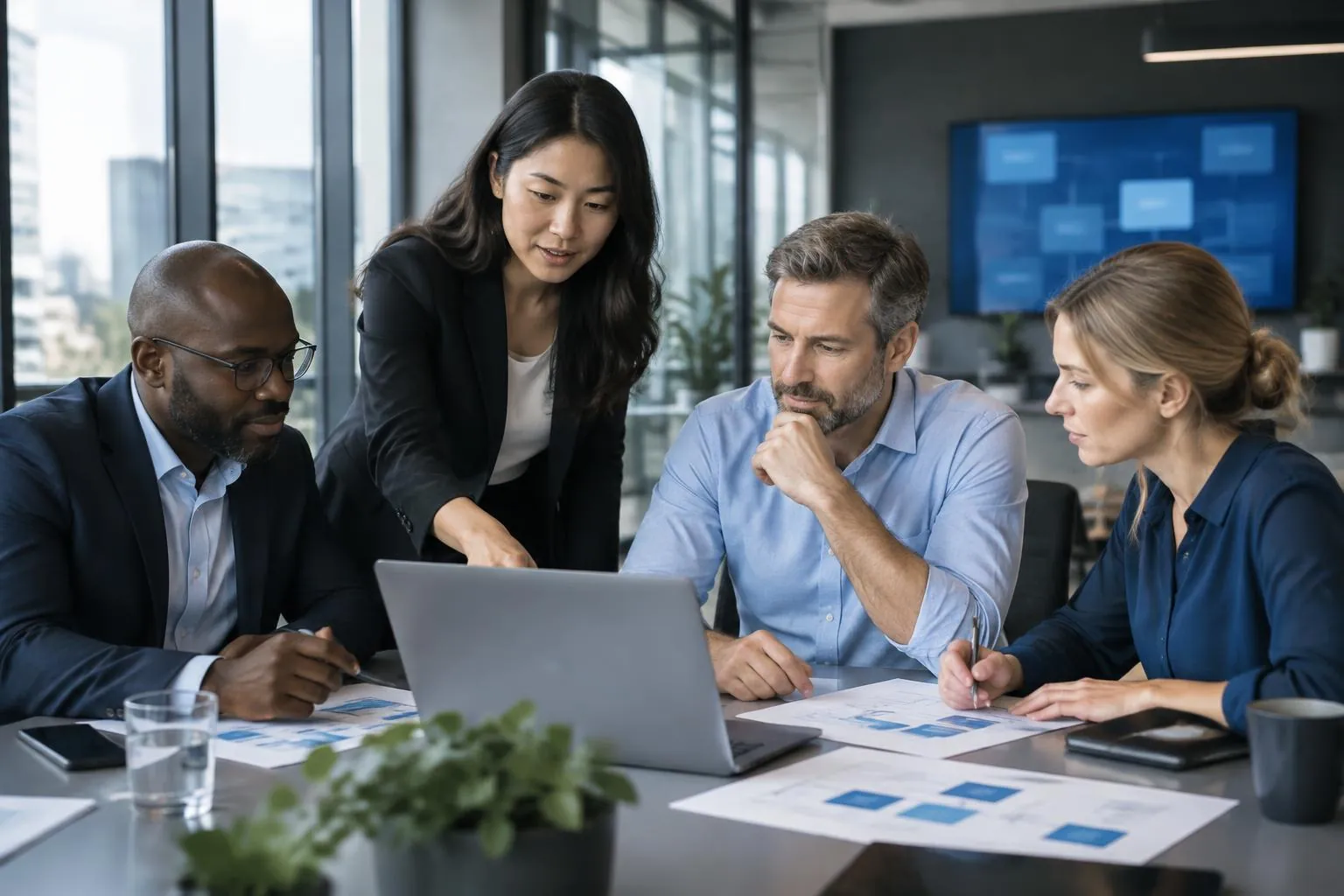 Professional team reviewing business operations and technology together