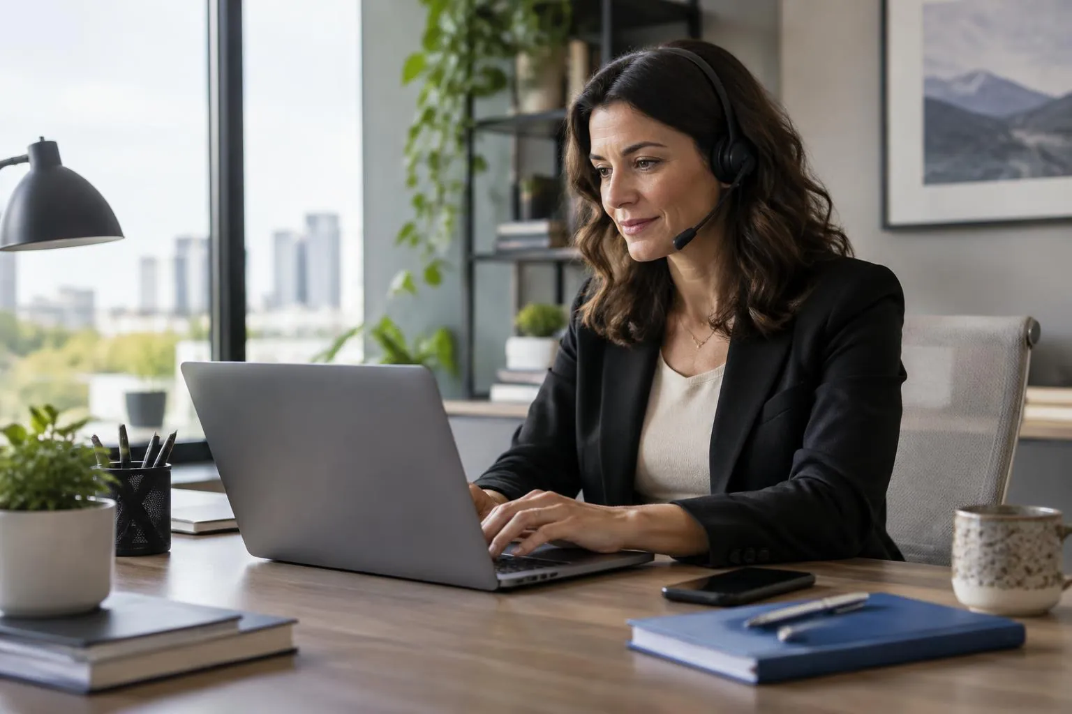 Business professional handling customer communications from a laptop and headset