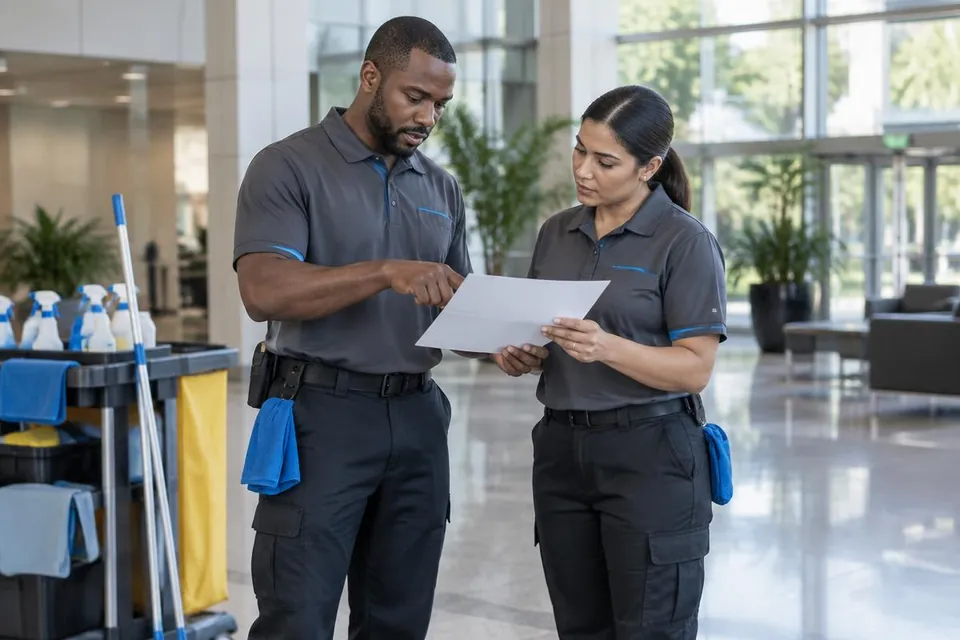 Cleaning business colleagues reviewing a work schedule in a commercial lobby