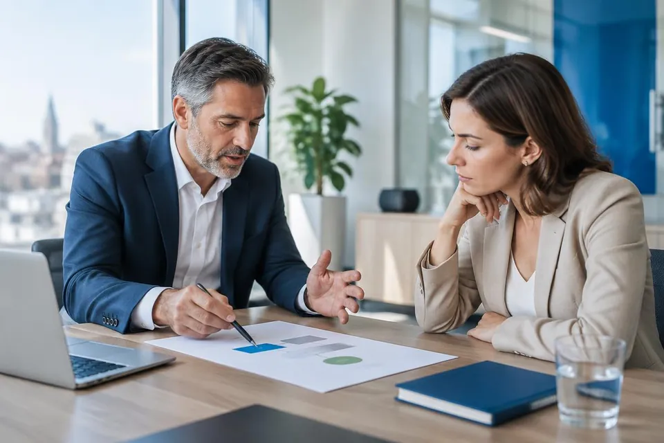 Business consultant and client reviewing a process plan together