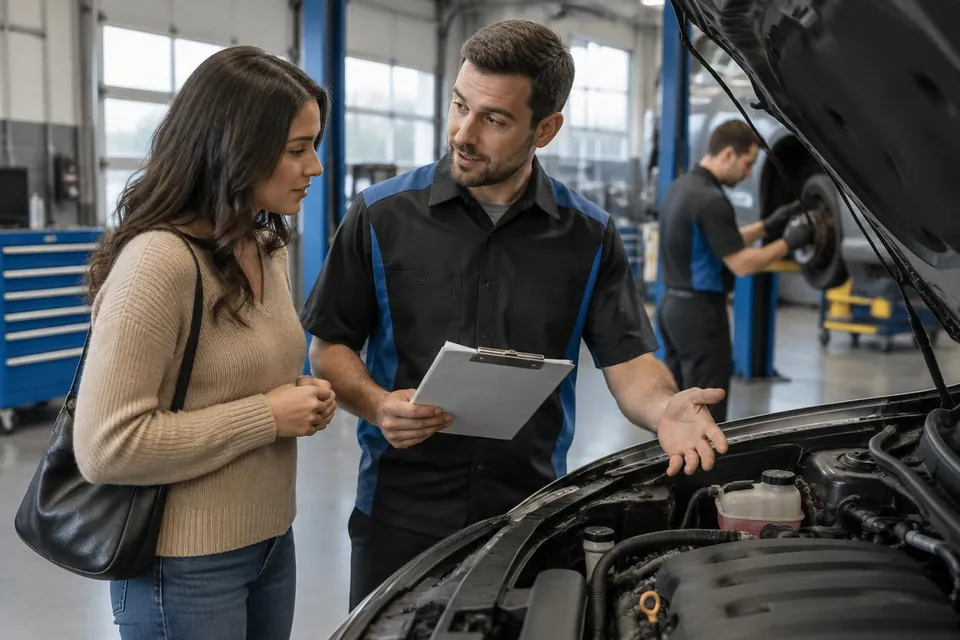 Automotive service advisor discussing an inspection with a vehicle owner