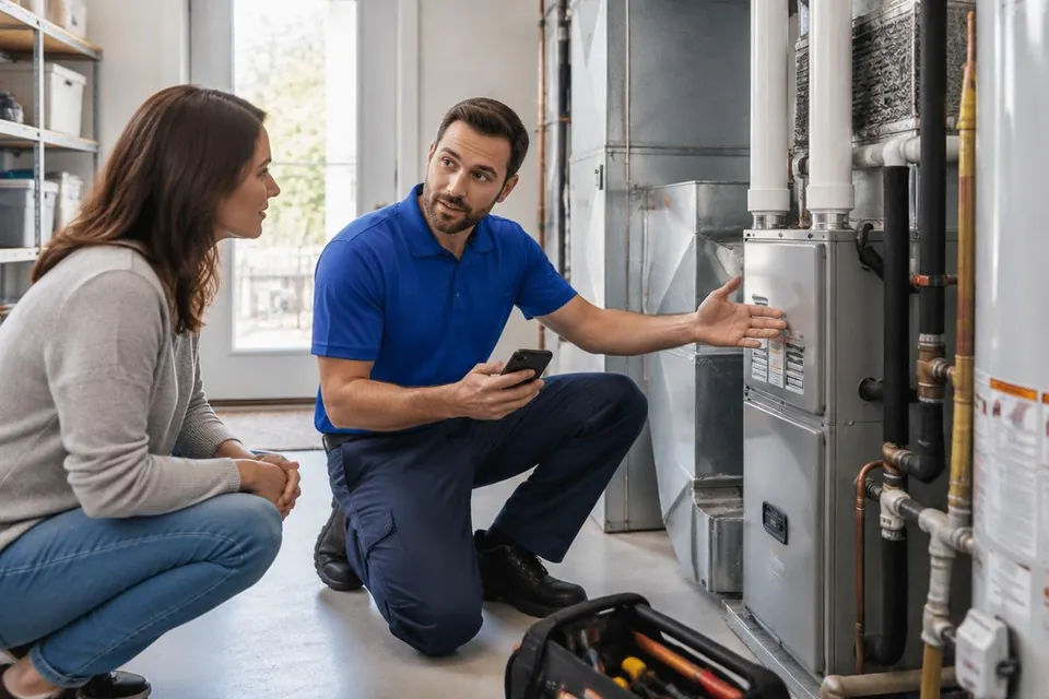 Home-services technician explaining equipment to a homeowner